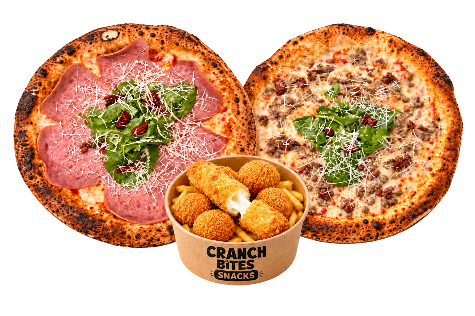 Addmore Pizza · İki pizza ve Cranch Bites bowl atıştırmalık sunumu